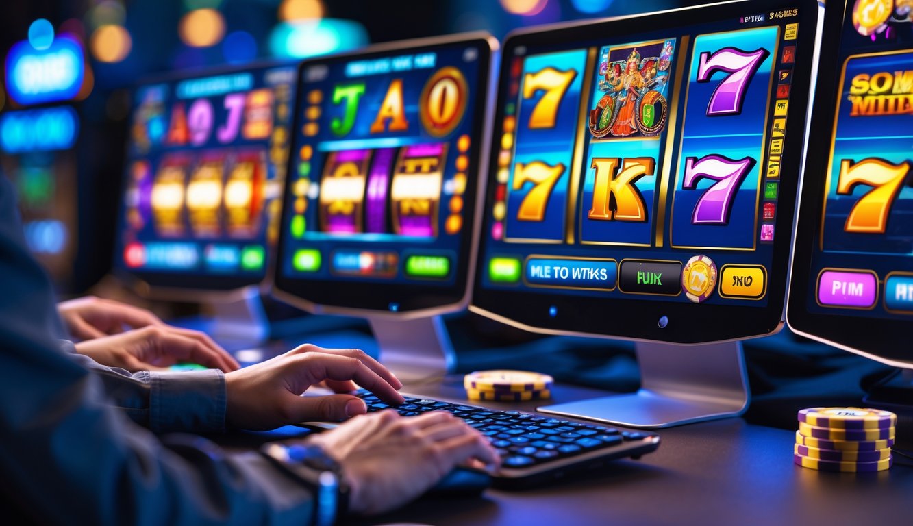 Tampilan meja kerja dengan beberapa layar komputer yang menampilkan permainan slot online berwarna-warni dan tangan seseorang yang sedang bermain.
