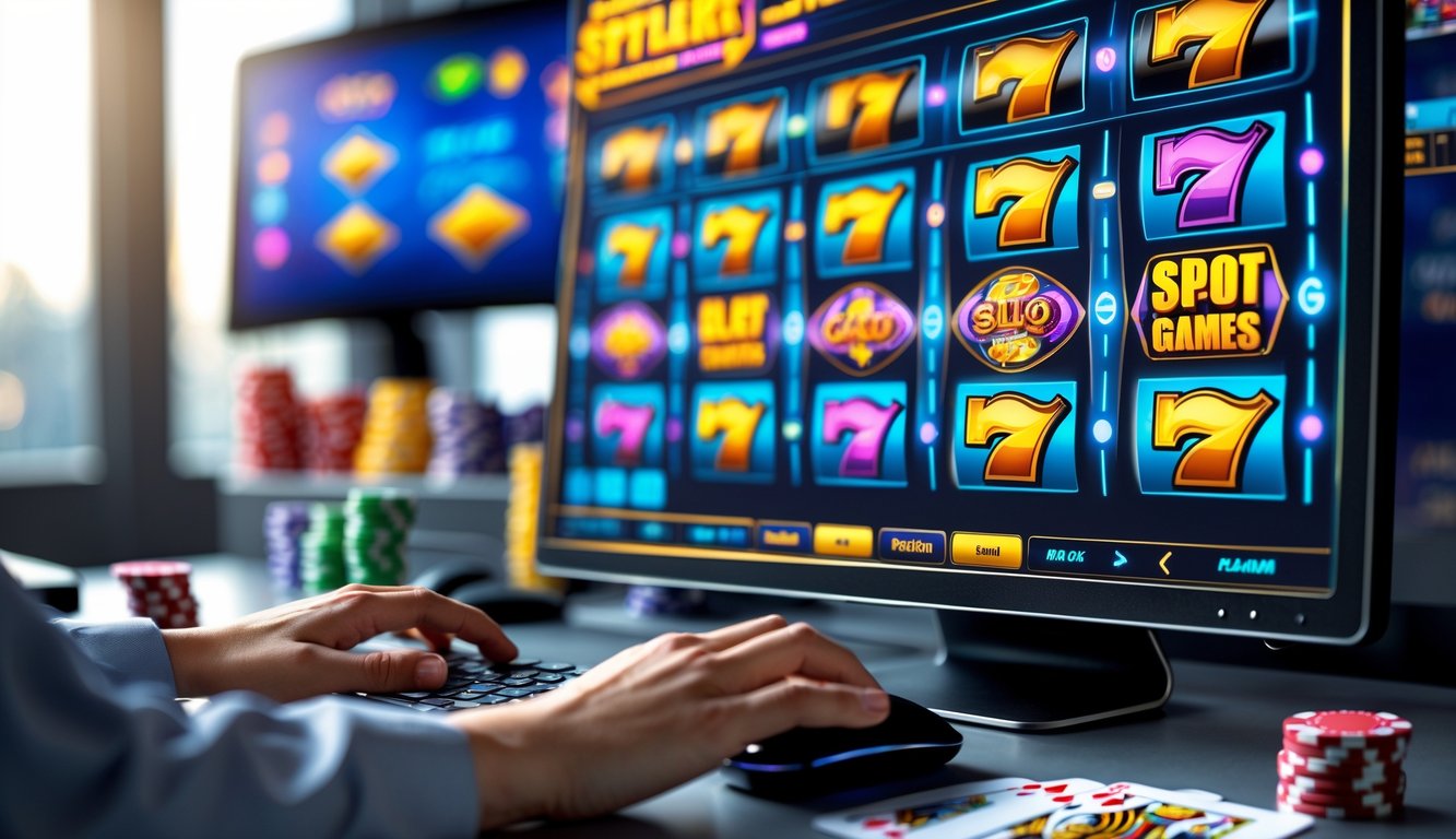 Seorang pengguna bermain mesin slot online di depan komputer dengan layar menampilkan grafik mesin slot berwarna-warni.