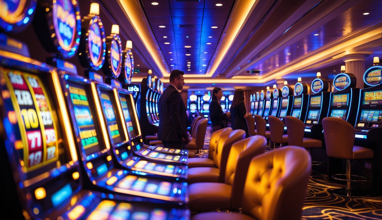 Interior kasino modern dengan mesin slot yang menyala dan beberapa orang bermain.