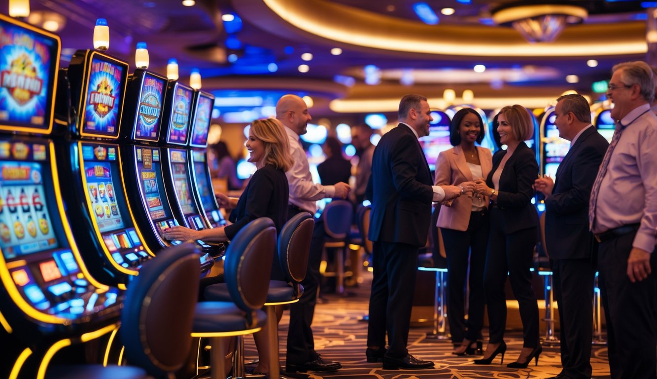 Orang-orang bermain mesin slot di dalam kasino yang terang dan ramai.