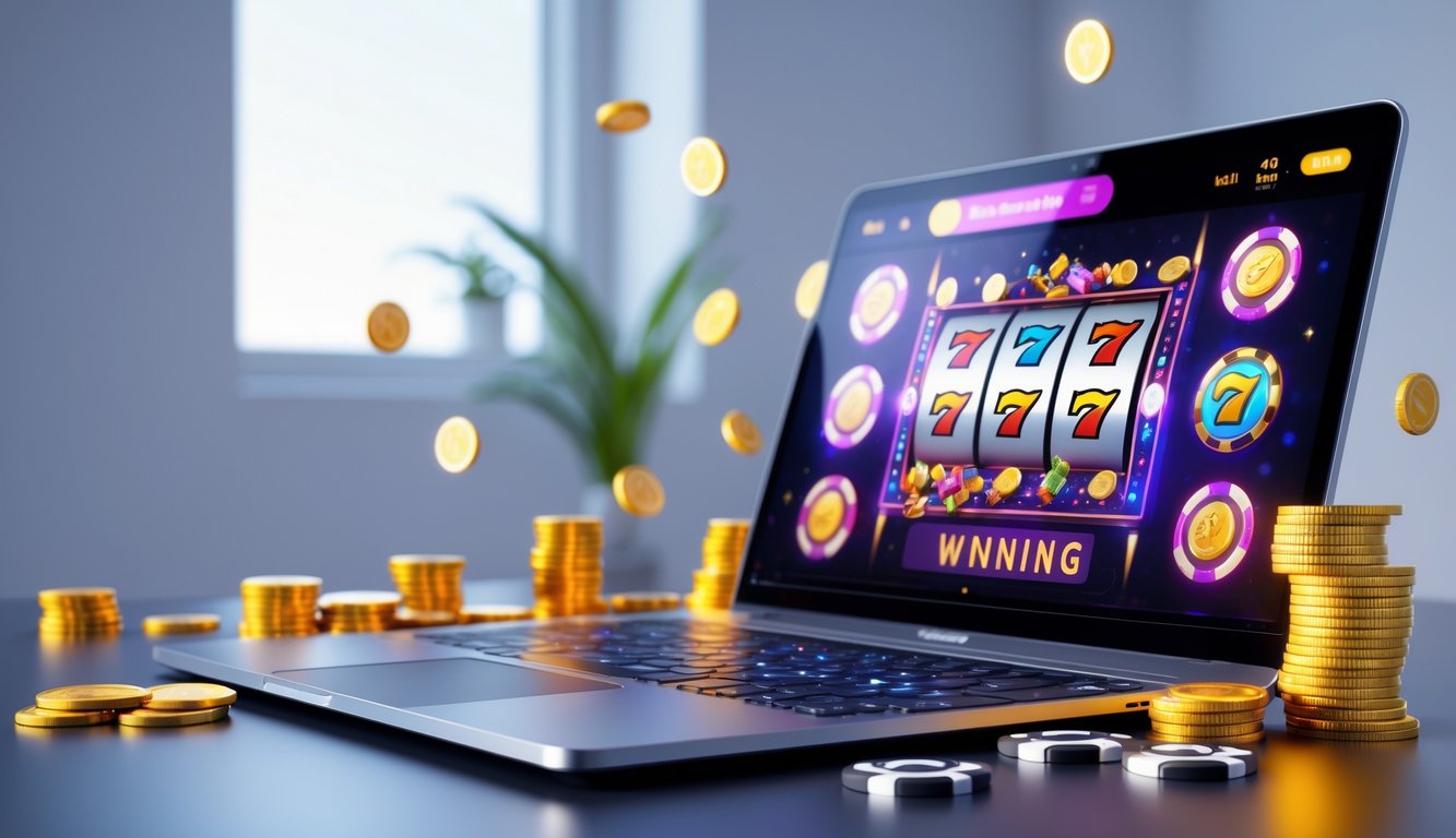Seseorang sedang bermain permainan slot online dengan layar komputer yang menampilkan kombinasi kemenangan dan koin di sekitar meja.