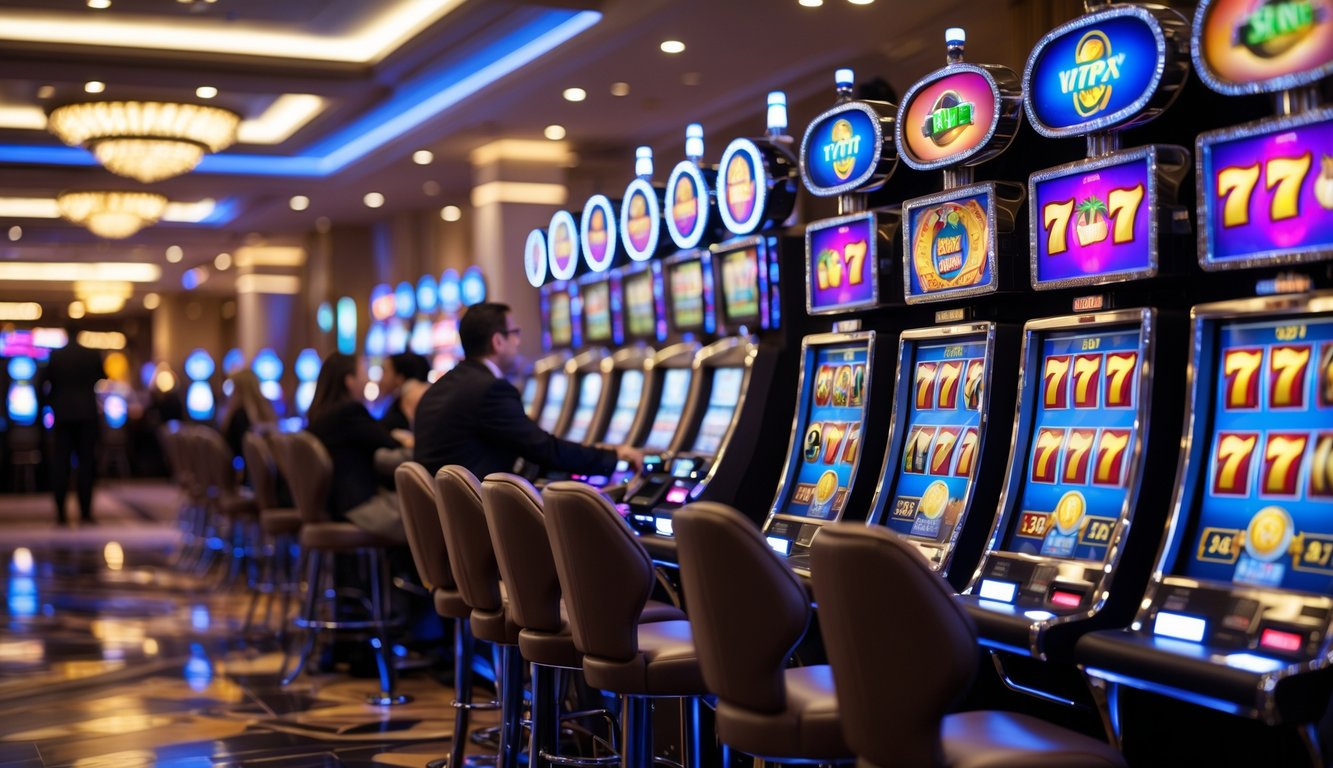 Area mesin slot di kasino modern dengan beberapa orang sedang bermain dan suasana yang cerah serta menarik.