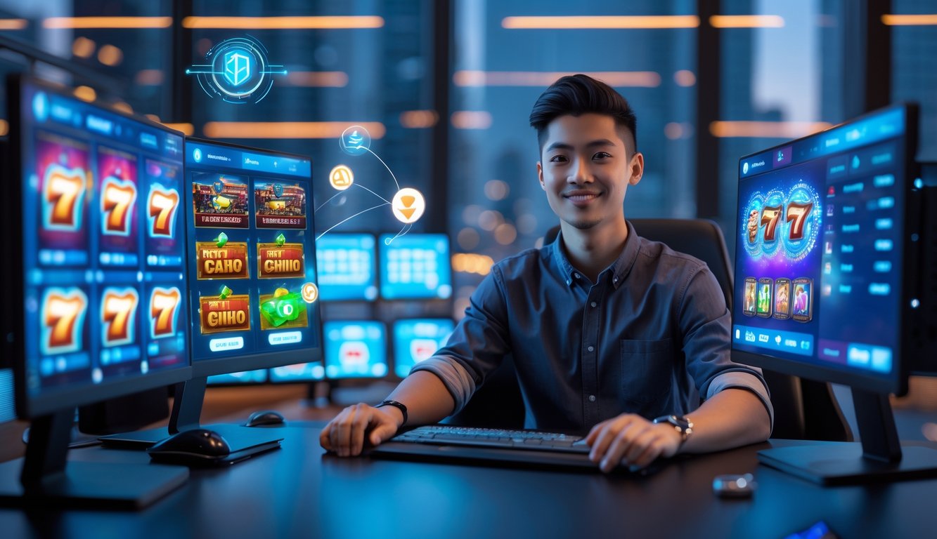 Seorang dewasa muda duduk di depan komputer dengan layar menampilkan permainan slot online, di ruangan modern dengan pencahayaan terang dan pemandangan kota di latar belakang.