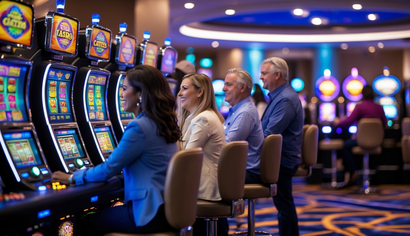 Beberapa orang dewasa bermain mesin slot di dalam kasino dengan pencahayaan yang terang dan suasana yang ramai.