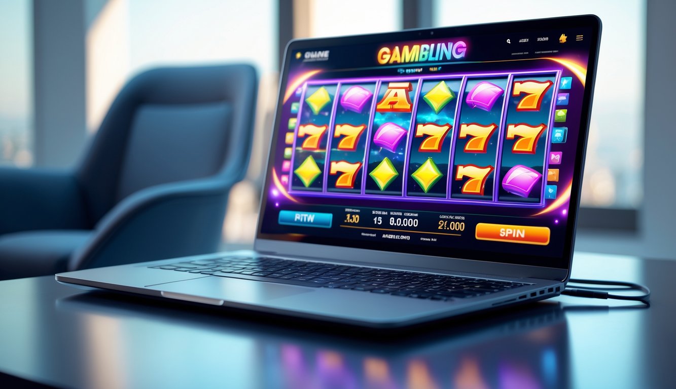 Seorang pengguna sedang bermain permainan slot online di laptop di ruang kerja modern.