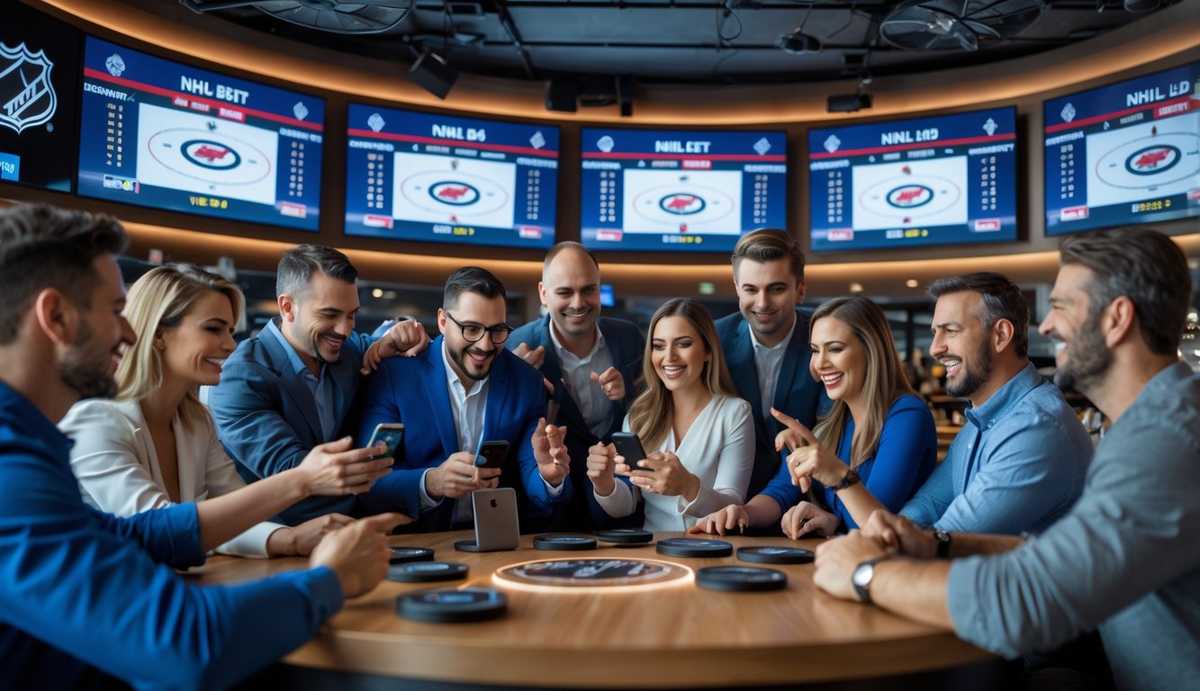Sekelompok orang sedang menonton pertandingan hoki NHL di layar besar dan menggunakan perangkat untuk memasang taruhan di sebuah ruang olahraga modern.