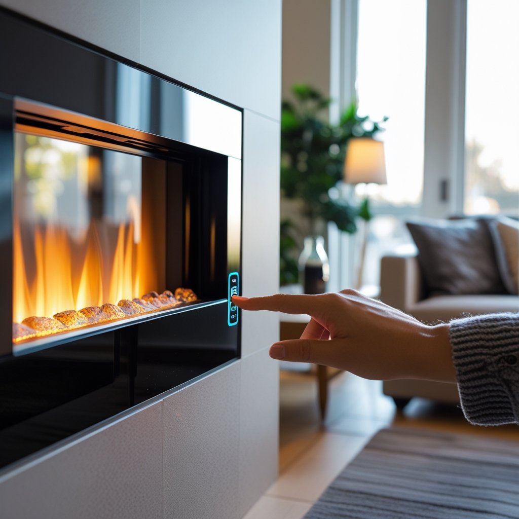 A person turning on an electric fireplace in a modern living room.