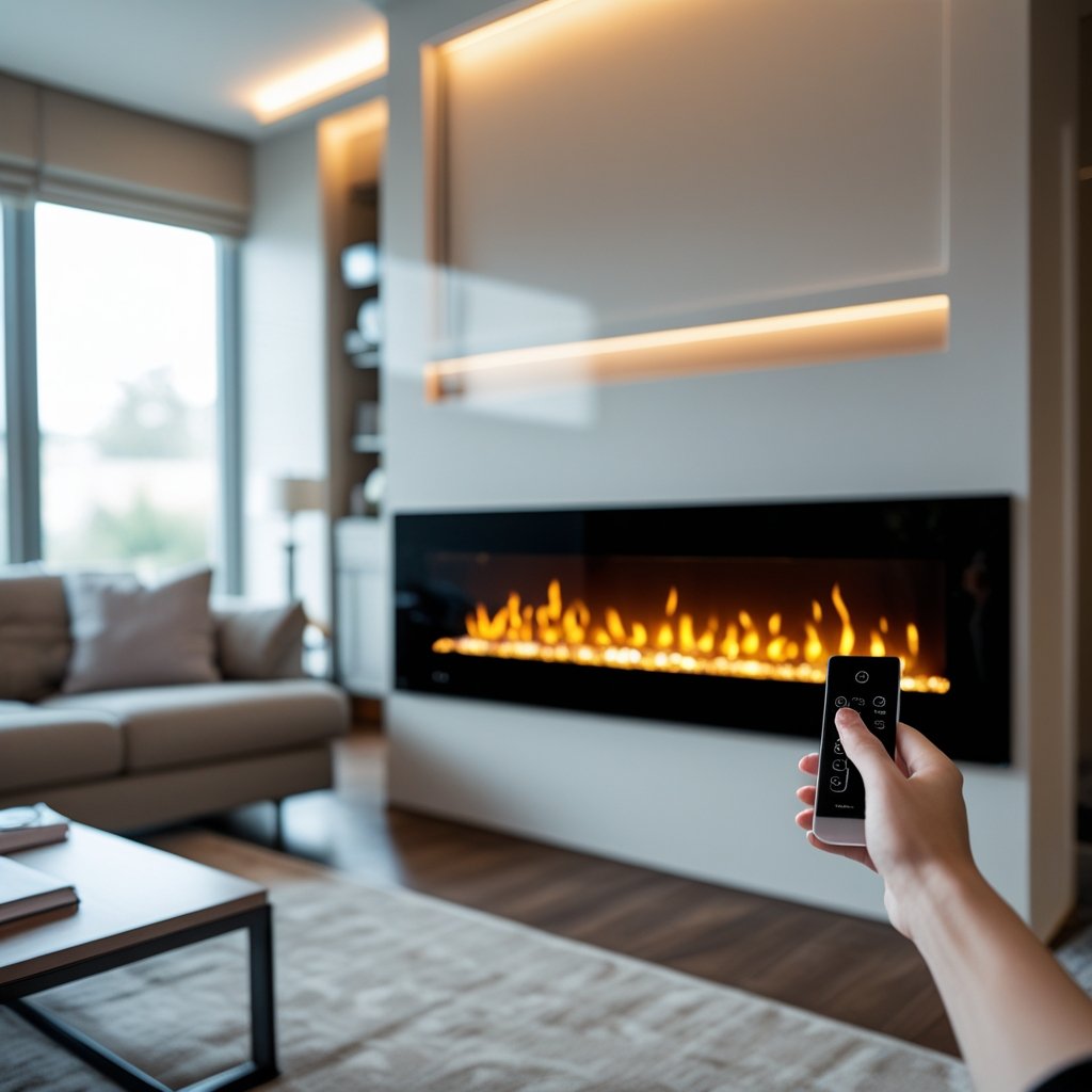 A person turning on an electric fireplace in a modern living room.