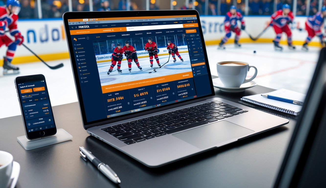 Seseorang menggunakan laptop dengan situs taruhan hoki online terbuka di layar, di meja terdapat ponsel dan alat tulis, latar belakang menunjukkan arena hoki es.