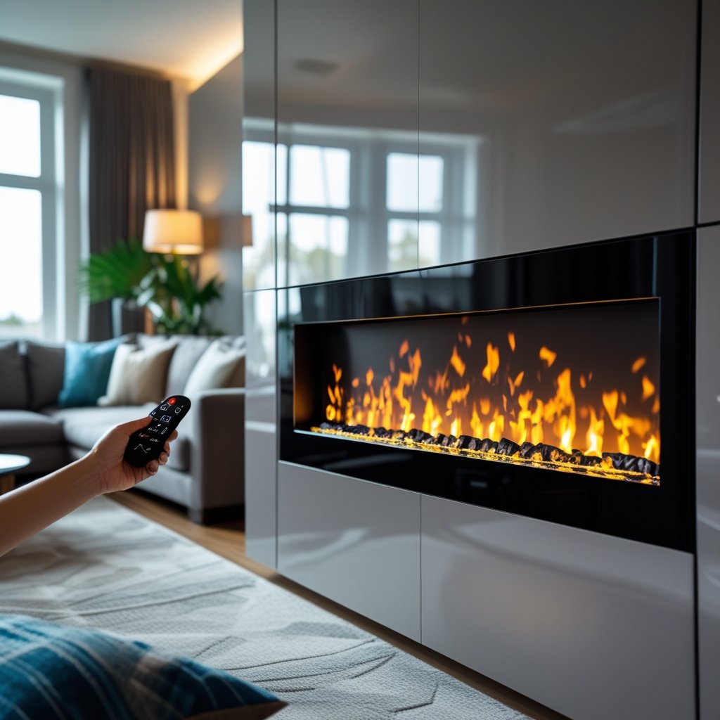 A hand reaching to turn on a modern electric fireplace in a cozy living room.