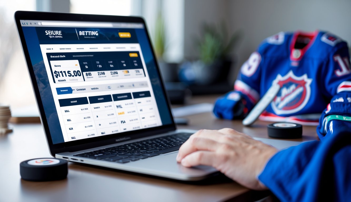 Seorang pria menggunakan laptop di meja kerja dengan perlengkapan hoki di latar belakang.