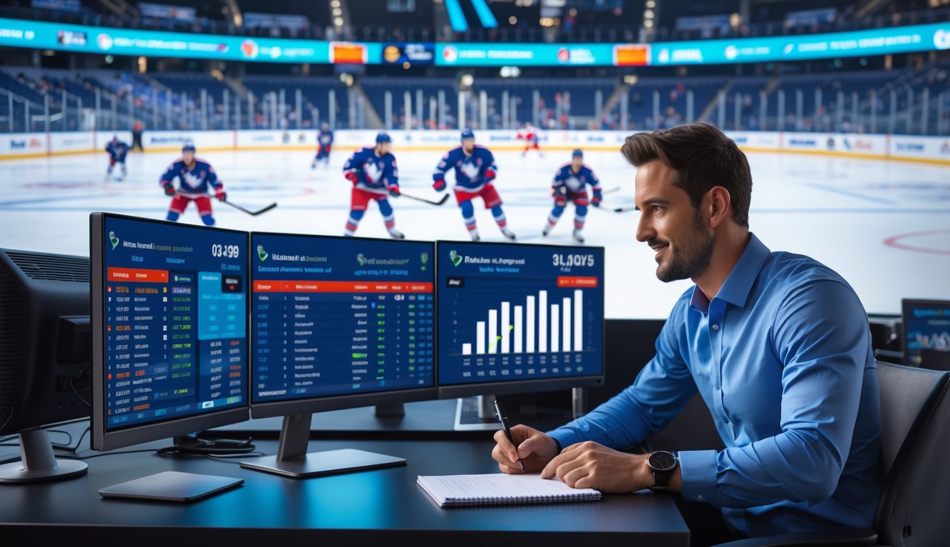 Seorang analis olahraga sedang bekerja di meja dengan beberapa monitor yang menampilkan statistik dan jadwal pertandingan NHL, di latar belakang layar besar menampilkan pertandingan hoki es NHL.