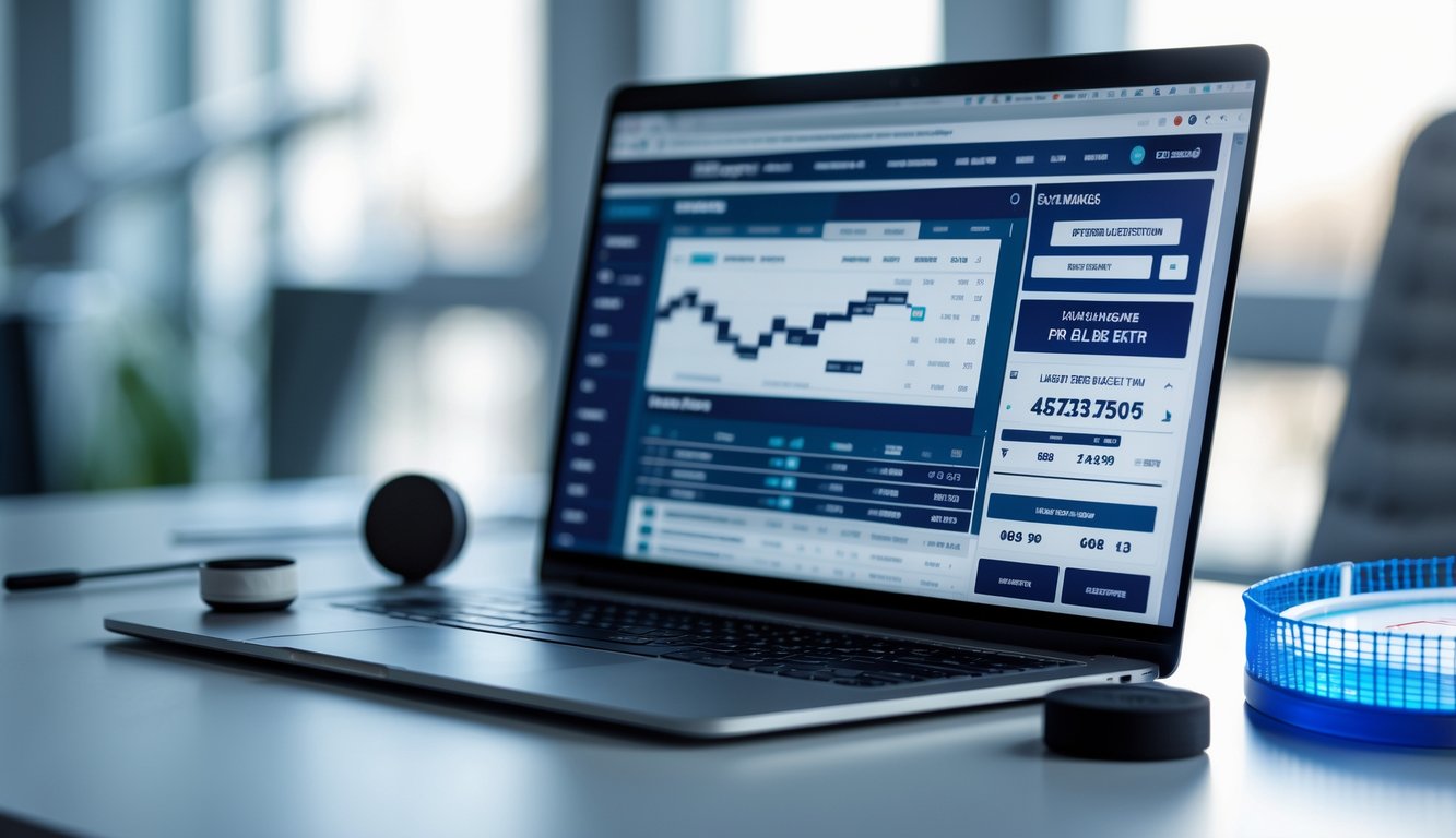 Seseorang menggunakan laptop dengan tampilan situs taruhan hoki es online di meja kerja yang dilengkapi peralatan hoki es.