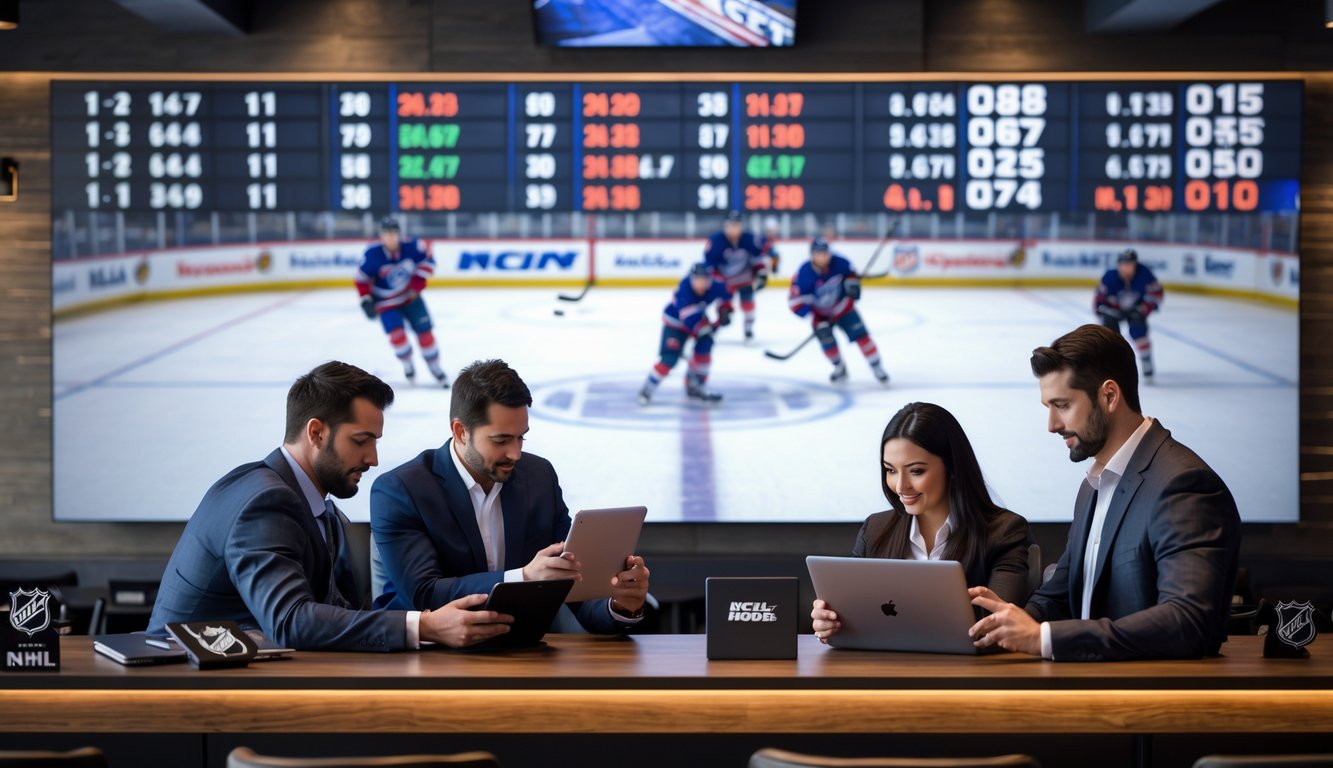 Orang-orang sedang melihat data taruhan NHL terbaru di layar digital dan menonton pertandingan hoki di televisi.