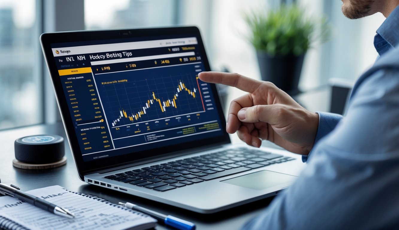 Seorang pria sedang menganalisis statistik dan peluang taruhan NHL di depan laptop dengan alat tulis di meja.