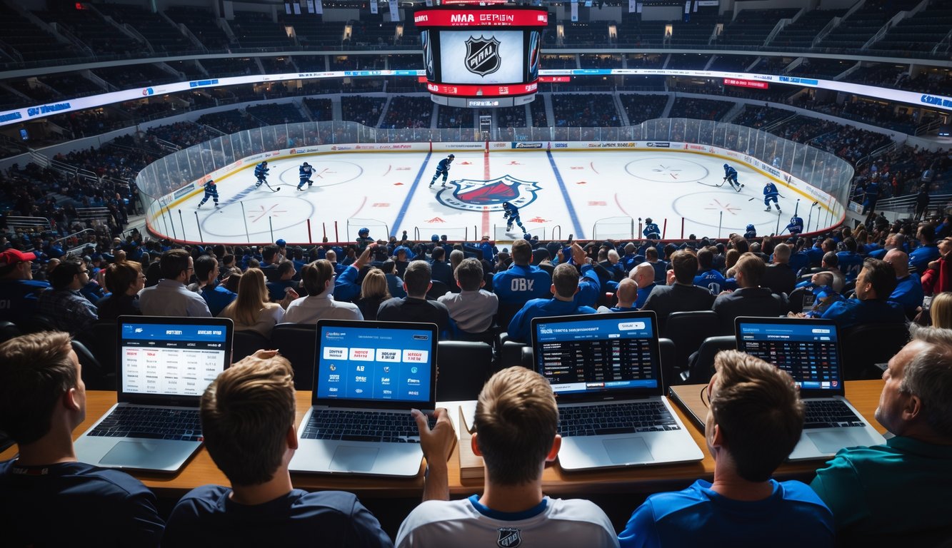 Orang-orang menonton pertandingan hoki es NHL secara langsung di arena dengan pemain yang sedang bertanding di atas es.