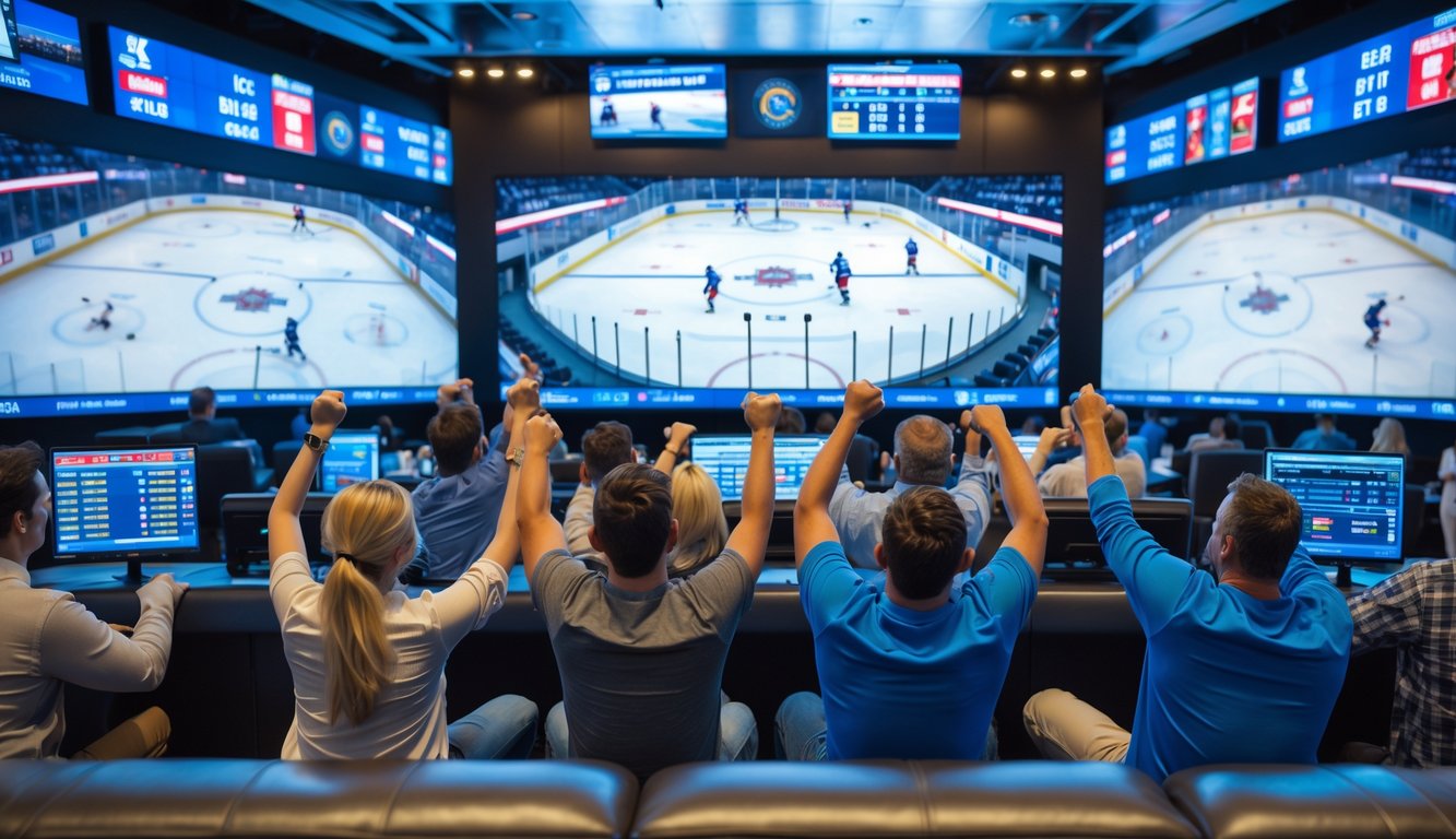 Sekelompok orang menonton pertandingan hoki es di layar besar di dalam ruang sportsbook modern dengan perangkat taruhan digital.