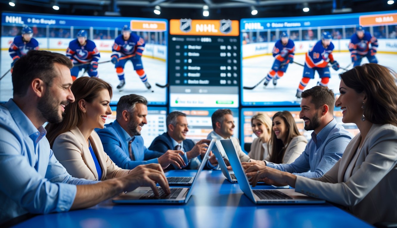 Orang-orang sedang memasang taruhan pada pertandingan hoki NHL menggunakan perangkat digital di lingkungan taruhan olahraga yang modern.