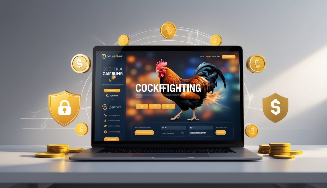 Seorang pengguna duduk di depan komputer dengan tampilan situs judi sabung ayam online terpercaya di layar, dikelilingi simbol keamanan dan elemen digital.