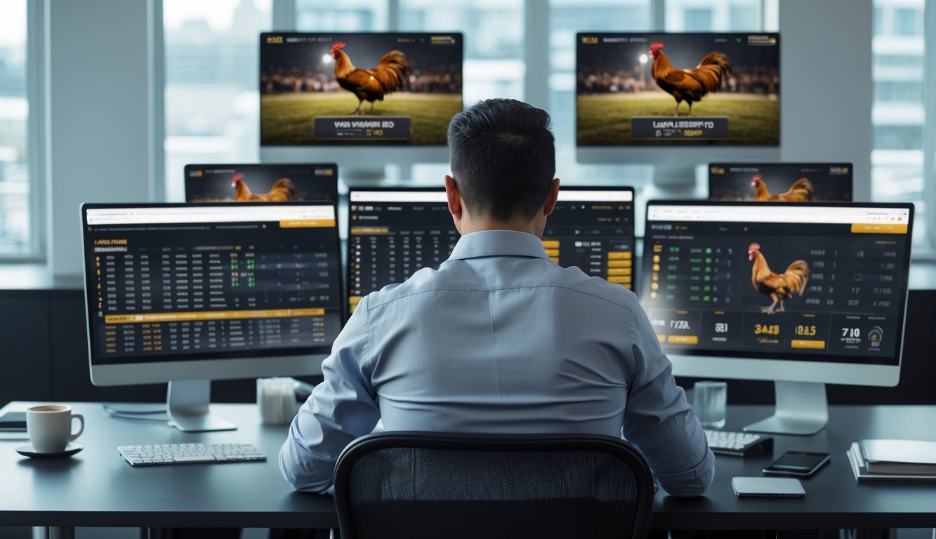 Seorang pria serius duduk di kantor modern menggunakan komputer untuk aktivitas taruhan sabung ayam dengan uang asli.