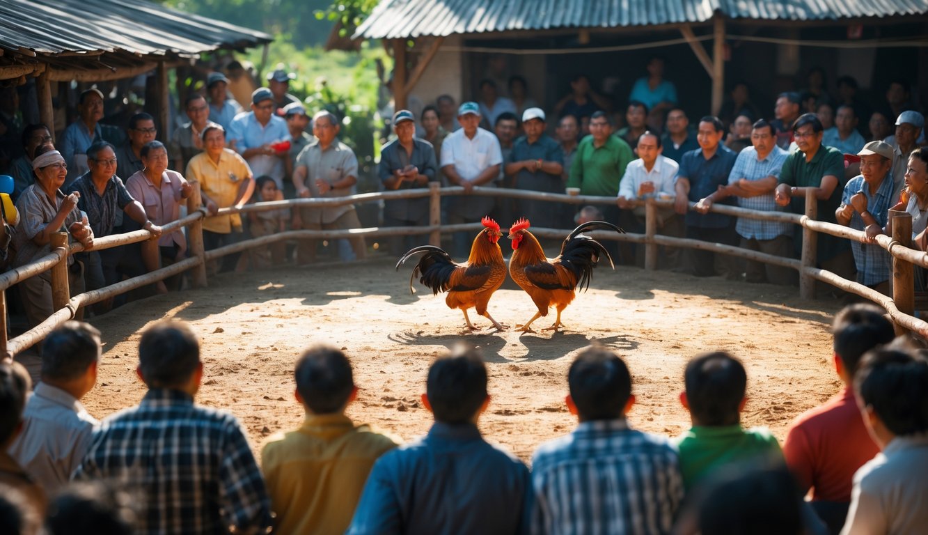 Suasana pertandingan sabung ayam secara langsung dengan penonton yang antusias di arena terbuka.