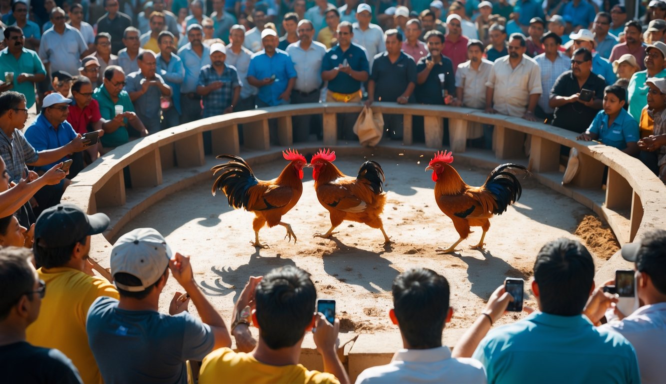 Suasana pertandingan sabung ayam dengan dua ayam sedang bertarung dan penonton mengamati di sekeliling arena.