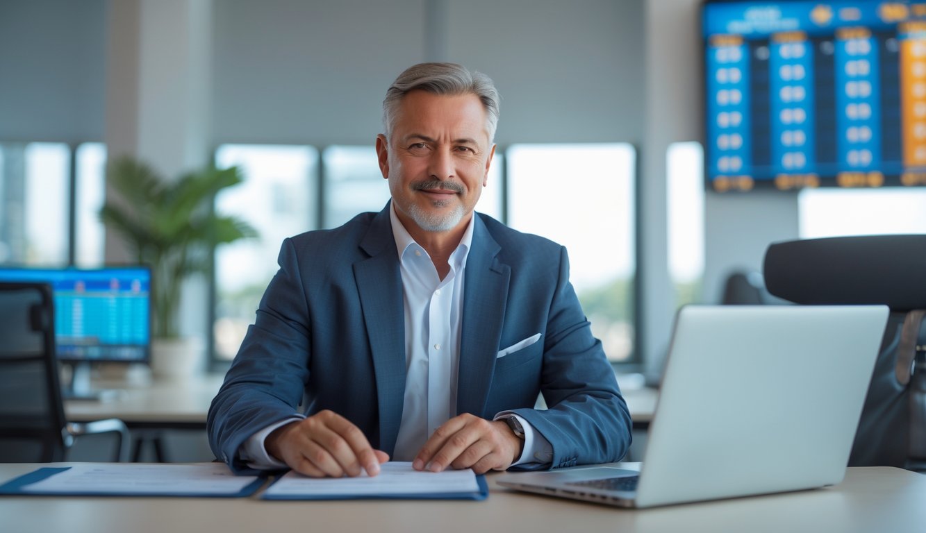 Seorang pria profesional duduk di kantor modern dengan laptop dan dokumen, menunjukkan suasana bandar sabung ayam resmi terpercaya.