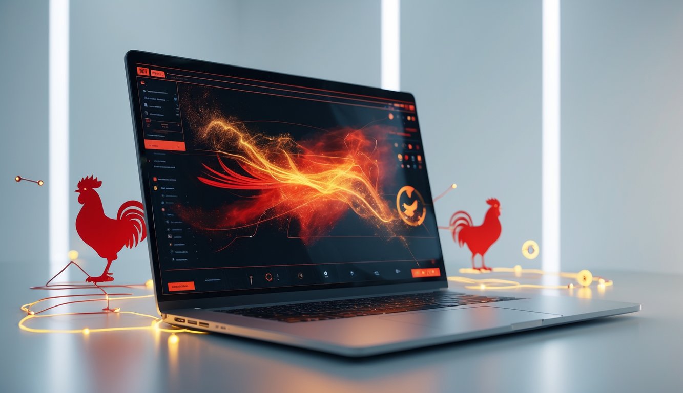 Sebuah komputer modern dengan layar menampilkan antarmuka digital abstrak dan elemen ayam jago yang melambangkan aktivitas sabung ayam online.