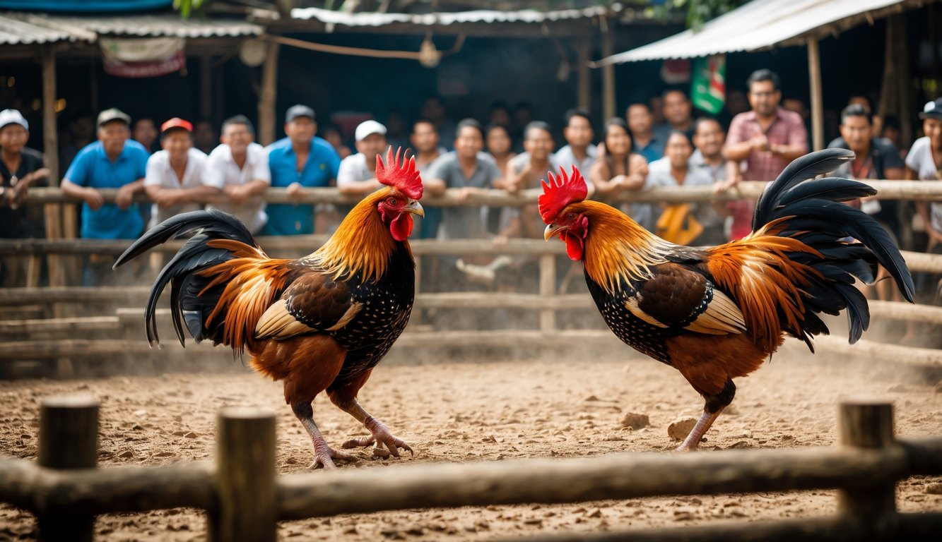 Dua ayam jago sedang bertarung di arena dengan penonton yang antusias mengamati dan memasang taruhan.