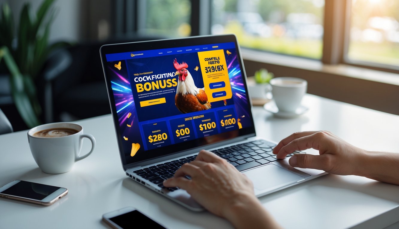 Seseorang menggunakan laptop di meja kerja dengan tampilan situs taruhan sabung ayam online dan suasana yang profesional.