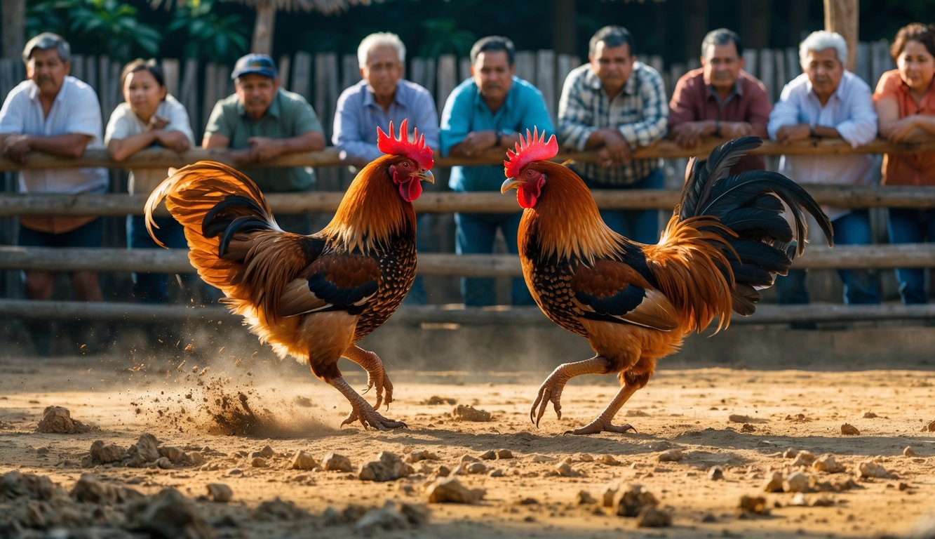 Dua ayam jantan sedang bertarung di arena dengan penonton yang memperhatikan di sekelilingnya.