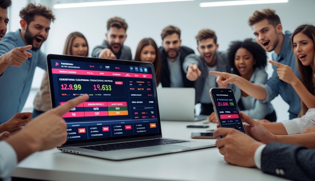 Sekelompok orang muda sedang menggunakan laptop dan ponsel untuk melihat pertandingan sabung ayam secara online di ruangan modern.