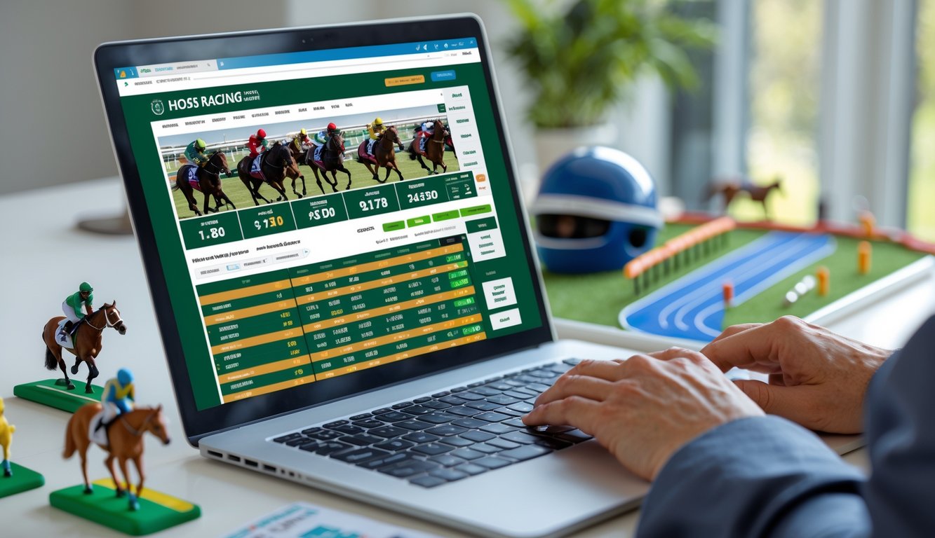 Seseorang menggunakan komputer untuk memasang taruhan balap kuda online di meja kerja dengan miniatur kuda dan perlengkapan balap.