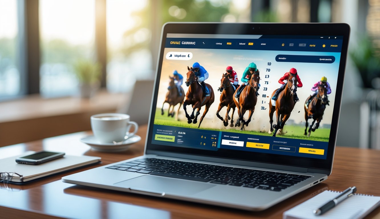 Seorang pengguna duduk di depan laptop dengan tampilan taruhan pacuan kuda online yang cerah dan berwarna-warni di layar, di meja terdapat smartphone, cangkir kopi, dan buku catatan.