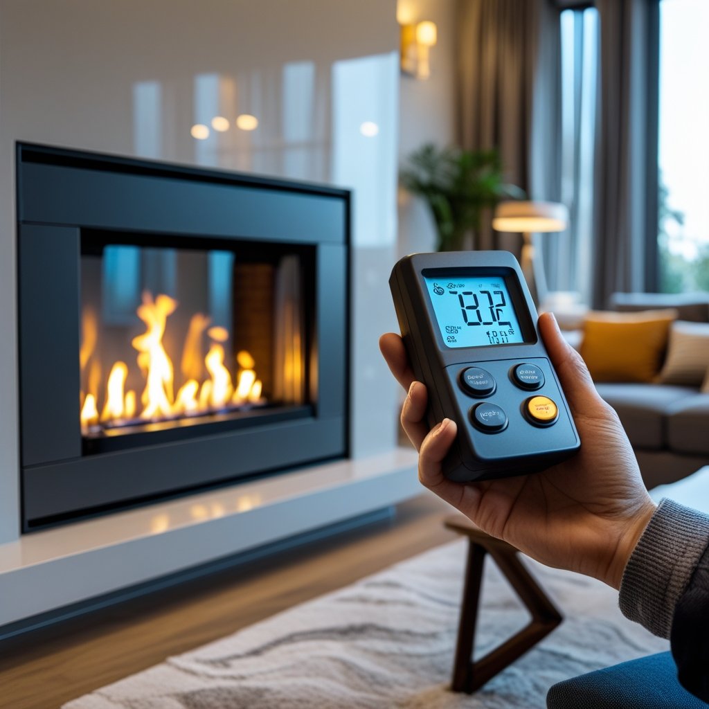 A person checking a digital gas meter next to a burning gas fireplace in a cozy living room.
