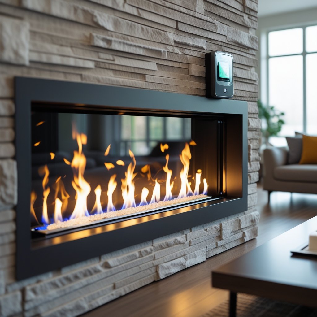 A modern living room with a lit gas fireplace and a digital gas meter visible nearby, creating a warm and cozy atmosphere.