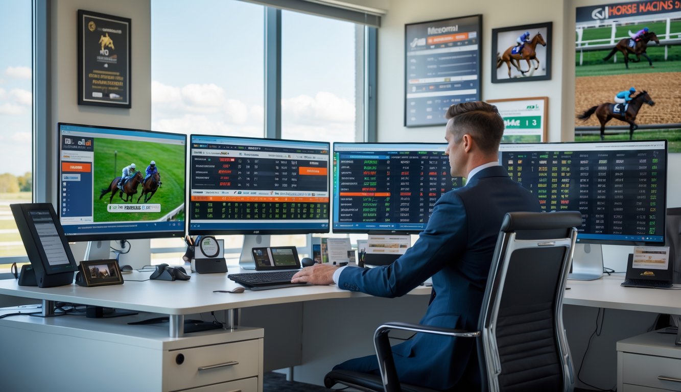 Seorang agen balap kuda resmi sedang duduk di kantor modern dengan monitor komputer yang menampilkan statistik balap kuda dan pelanggan yang sedang berdiskusi.