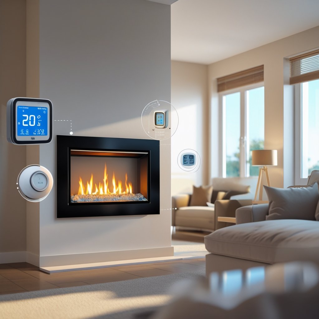 A modern living room with a gas fireplace lit and a digital thermostat on the wall, showing factors that influence gas usage.