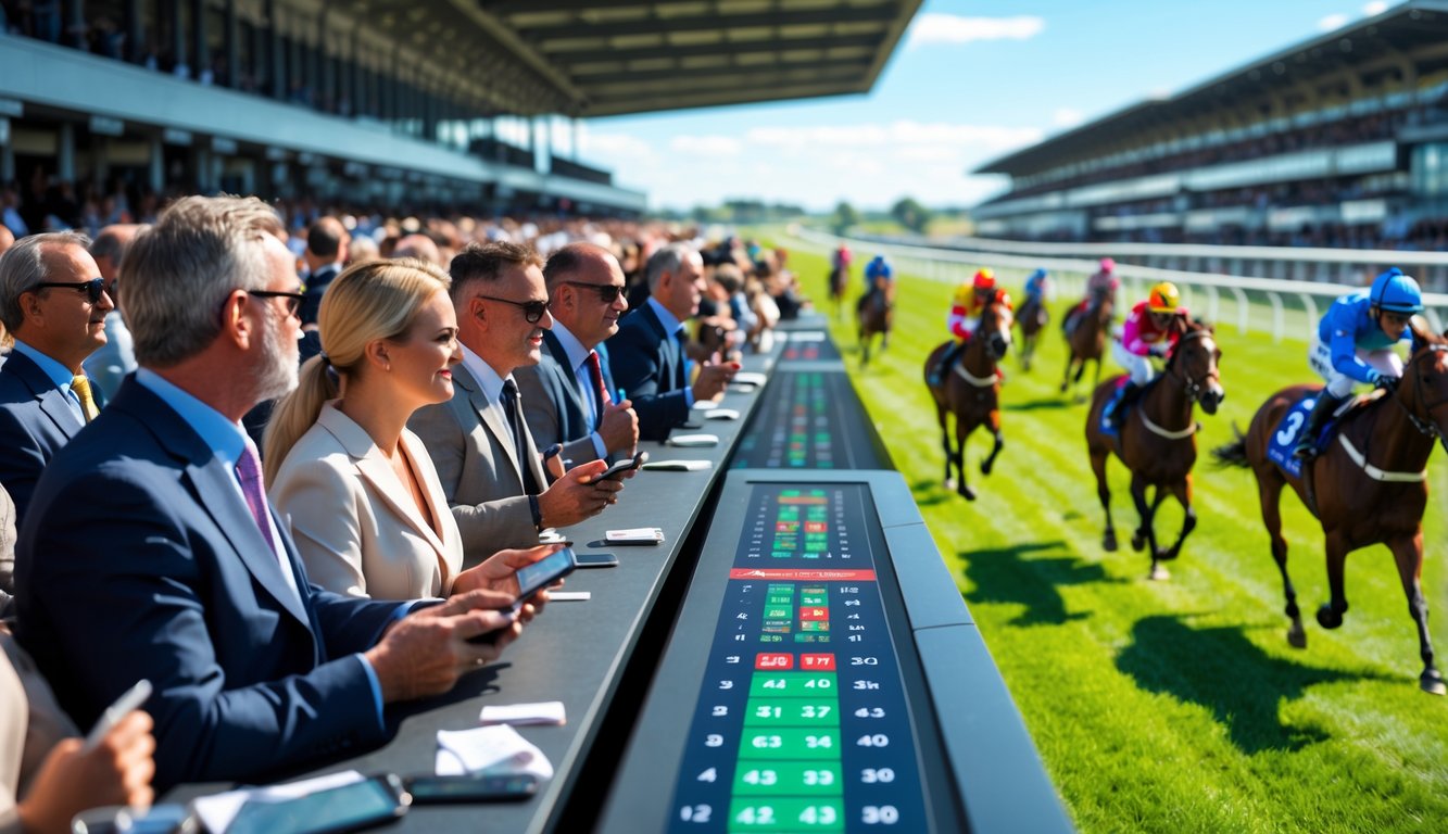 Orang-orang menonton balapan kuda di lintasan dengan papan taruhan digital yang menampilkan odds tinggi.