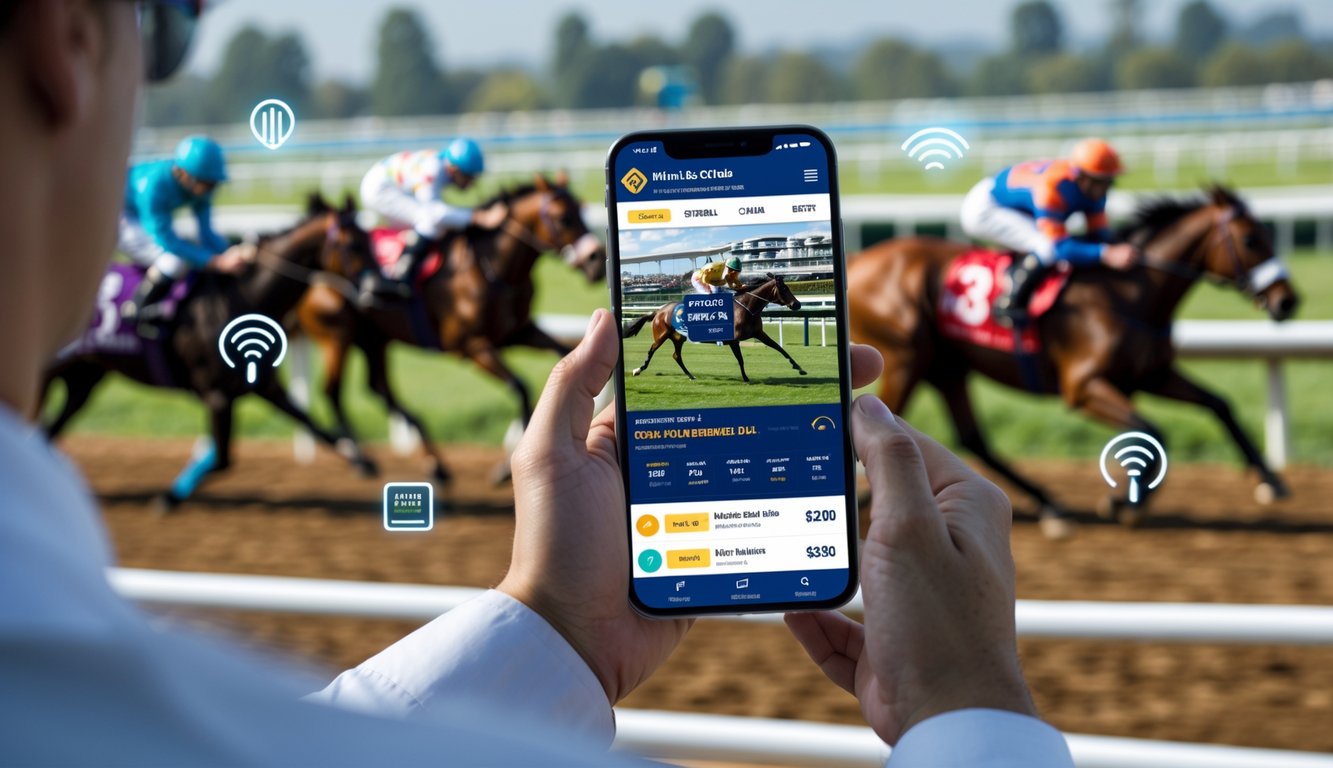 Seseorang memegang ponsel yang menampilkan aplikasi taruhan balap kuda dengan elemen digital pulsa dan latar belakang lintasan balap kuda.