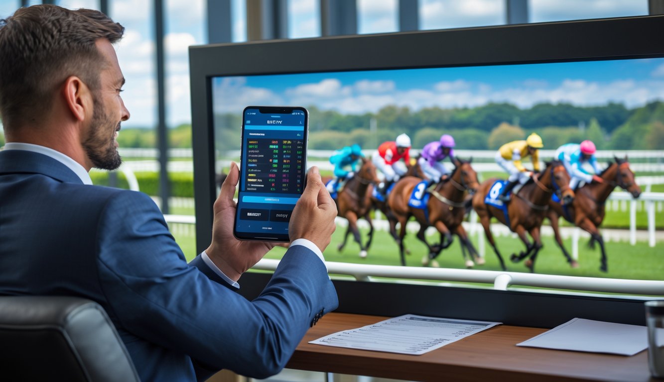 Seorang petaruh berpakaian rapi sedang menonton balap kuda langsung di sebuah tempat taruhan modern dengan latar belakang kuda-kuda berlari di lintasan.