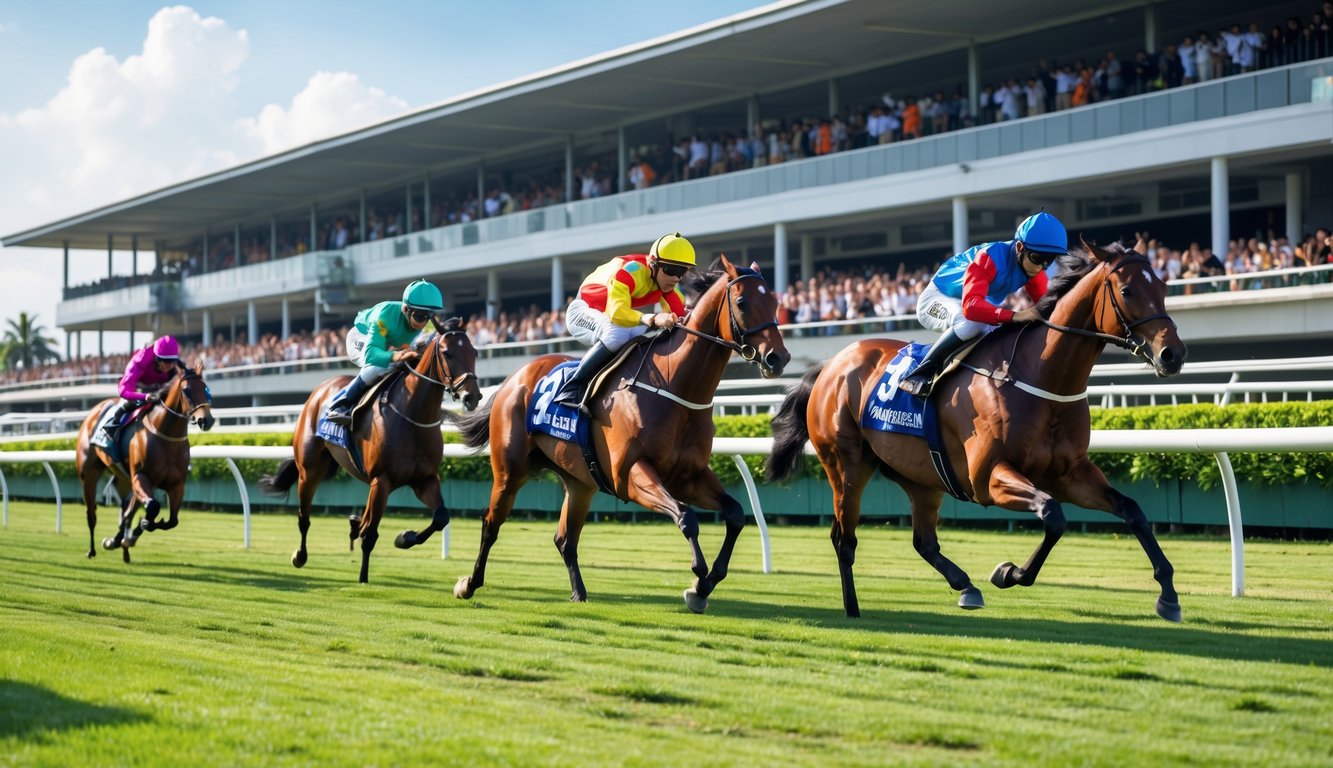 Beberapa kuda pacu dengan joki berlomba di lintasan balap kuda dengan penonton di tribun belakang.