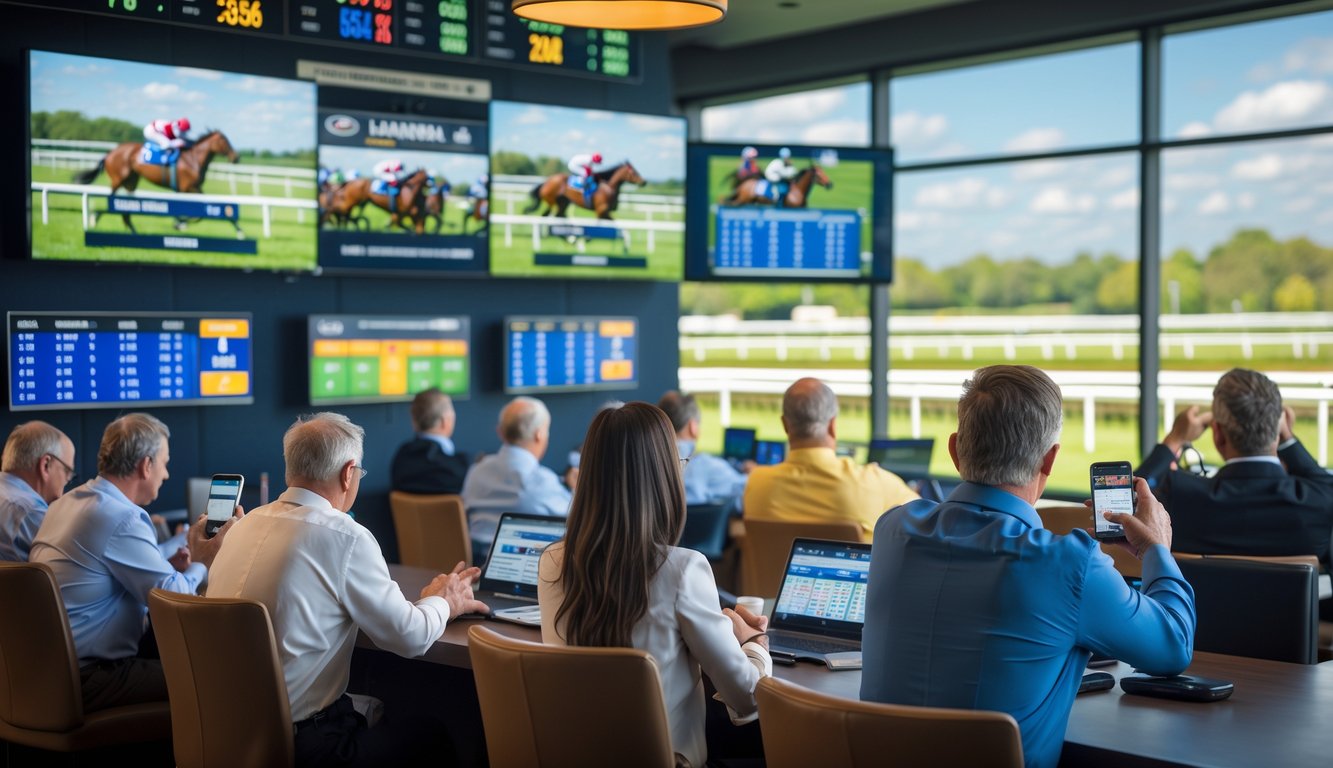 Sekelompok orang menonton balap kuda secara langsung dan memasang taruhan di sebuah ruang taruhan modern.