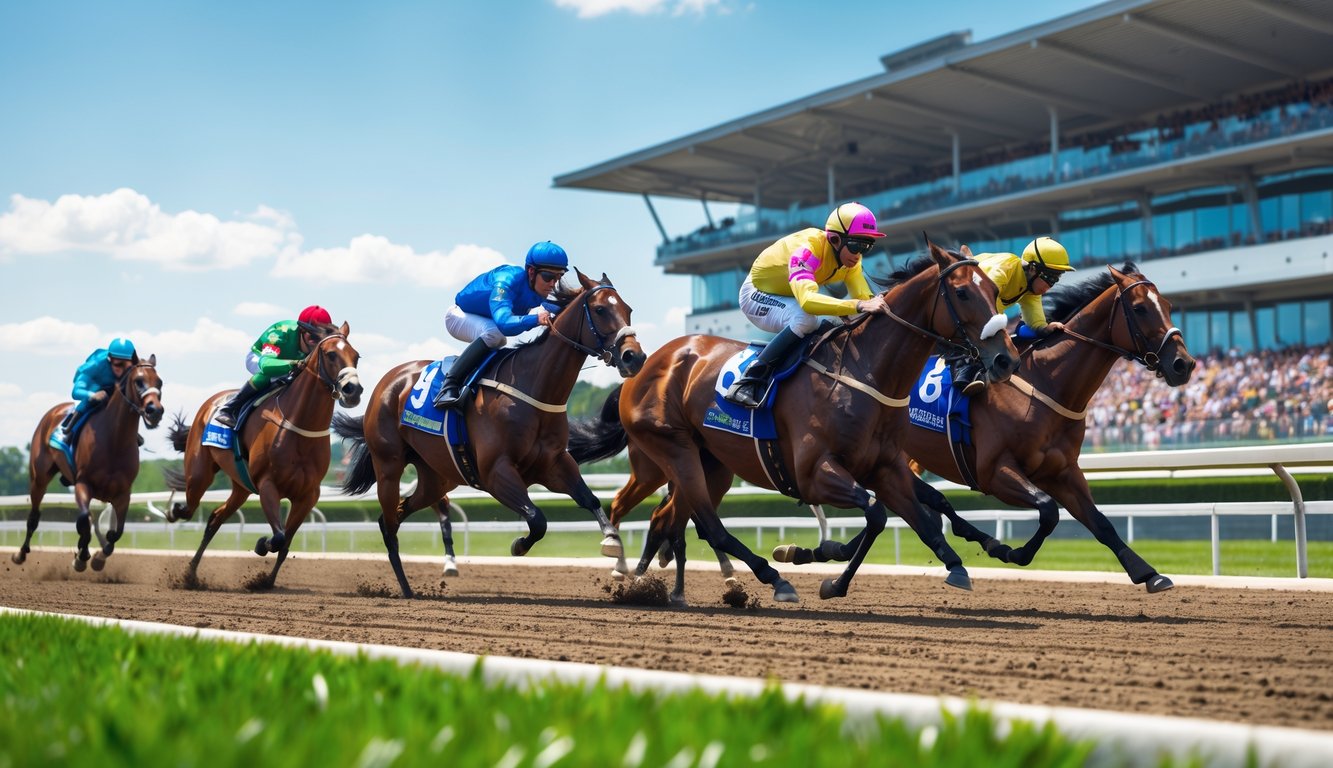 Beberapa kuda pacu dengan joki berwarna-warni sedang berlari cepat di lintasan pacuan kuda dengan tribun penuh penonton di latar belakang.