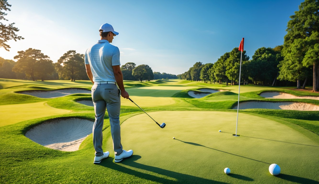 Seorang pemain golf sedang bersiap memukul bola di lapangan golf yang hijau dan rapi pada hari cerah.