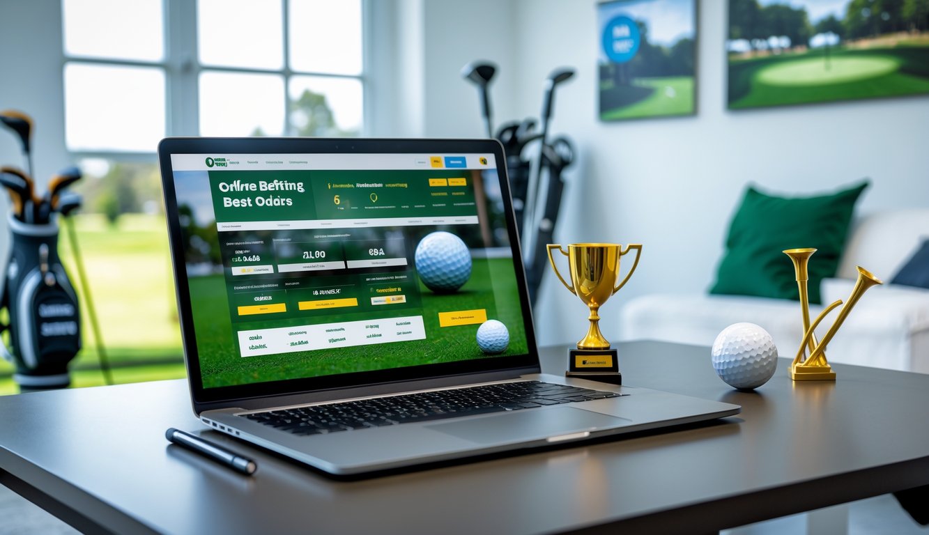 Seorang pria menggunakan laptop di meja dengan bola golf dan trofi kecil di dekatnya, menunjukkan suasana taruhan golf online.