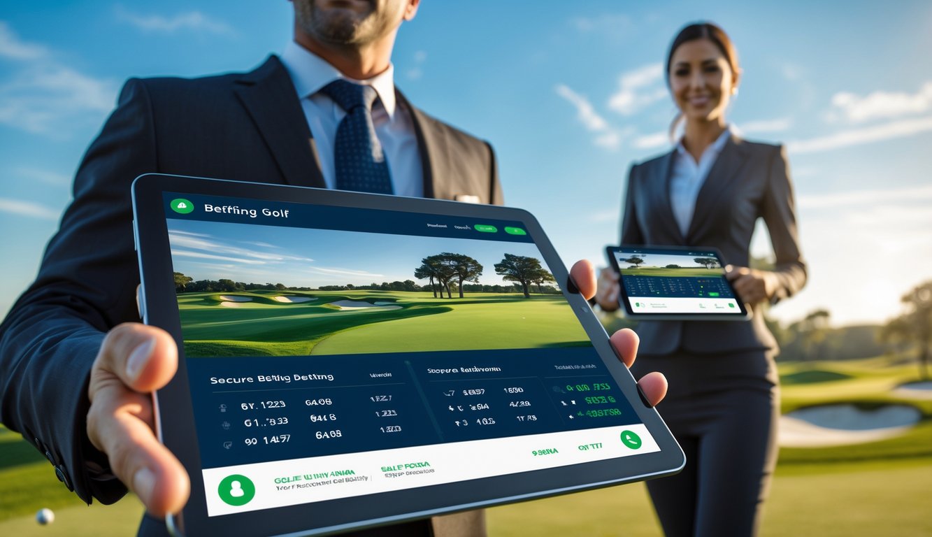 Dua orang berdiri di dekat lapangan golf dengan tablet digital, menunjukkan suasana taruhan golf yang resmi dan aman.