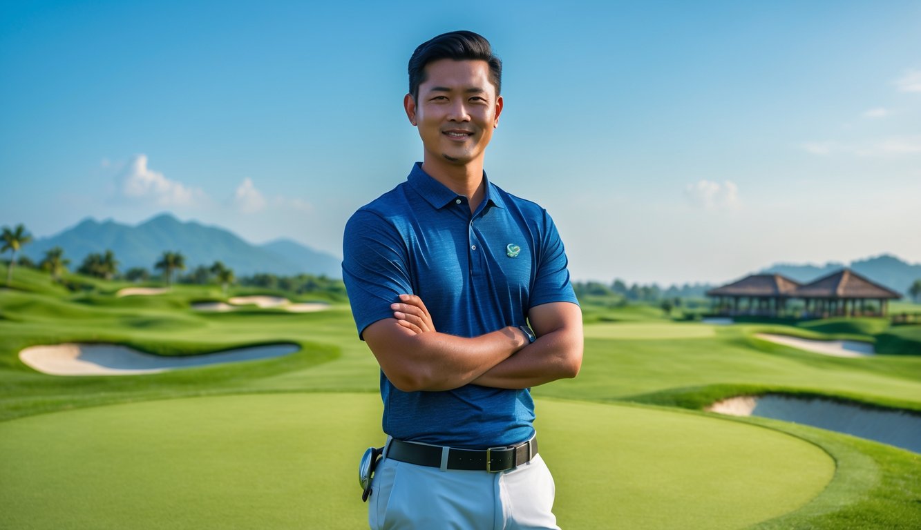 Seorang pria Asia Tenggara berdiri di lapangan golf hijau dengan pakaian golf santai, memegang tongkat golf, dengan latar belakang lapangan golf dan klub golf yang terawat rapi.
