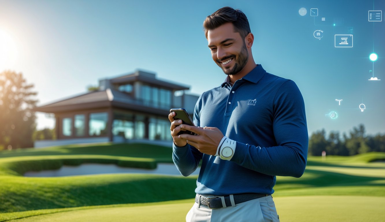 Seorang pria berdiri di lapangan golf sambil memegang tongkat golf dan melihat ponsel di tangannya pada hari cerah.