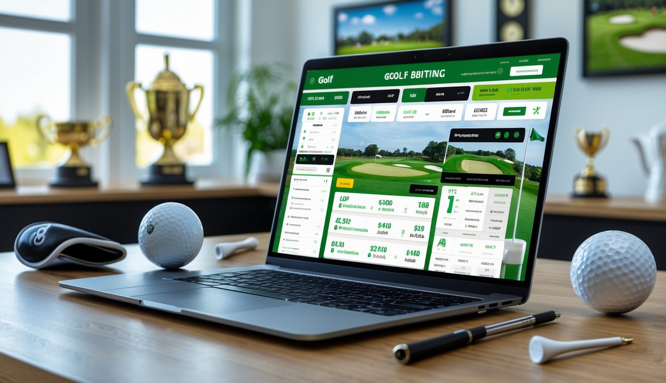 Seorang profesional menggunakan laptop dengan tampilan taruhan olahraga golf, dikelilingi oleh perlengkapan golf di meja kerja.